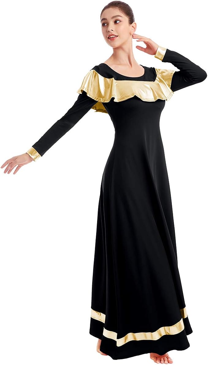 Ibakom Womens Praise Liturgical Worship Dance Dress Ruffle Metallic Gold Color Block Loose Fit Full Length Dancewear