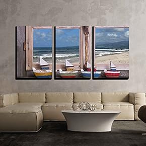 3 Piece Canvas Wall Art - Summer on The Beach - Wooden Window with sea View - Modern Home Art Stretched and Framed Ready to Hang - 16"x24"x3 Panels