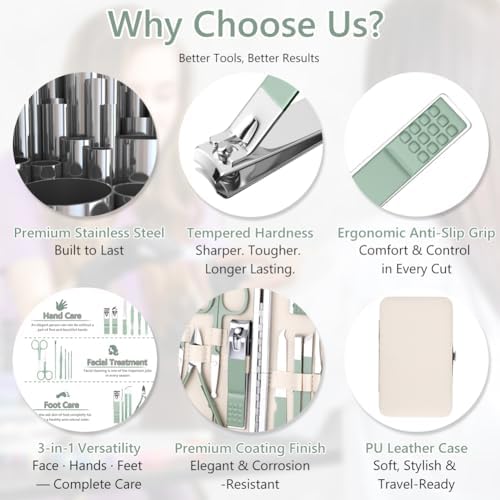 Kit Manucre Pedicure, 18pcs Coupe Ongle Professionnel Set Coupe Cuticule Acier Inoxydable, Trousse Manucure Pedicure avec Exquis La Boîte pour Voyage et à la Maison (Vert)