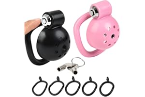 Gosuca Male Small Press-Lock Chastity Cage Set with 5 Rings Metal Urethral Dilator, Flat Penis Plug Cage Lightweight Chastity