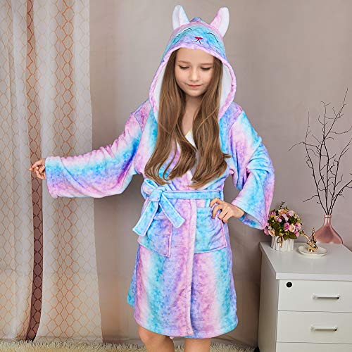 Beinou Kids Robe Fleece Bathrobes Flannel Hood Animal Bathrobe Cute Sleepwear Soft Shower Robes Swim Pool Night Robes for Children Girls(Pink & Blue Cat)