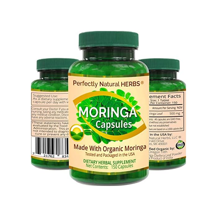 150 Moringa Capsules Made With USDA Certified Organic Moringa Leaf Powder, Net Weight of 500mg per Capsule