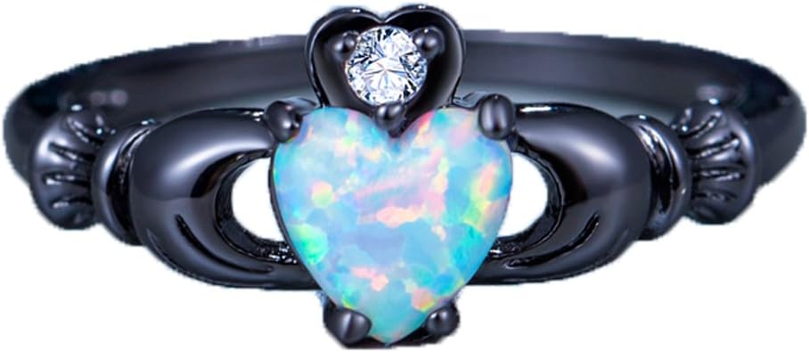 Women‘ Opal Rings White Heart Shape Created Opal Black Gold Plated Ring for Wedding Engagement Size 6-9 (8)