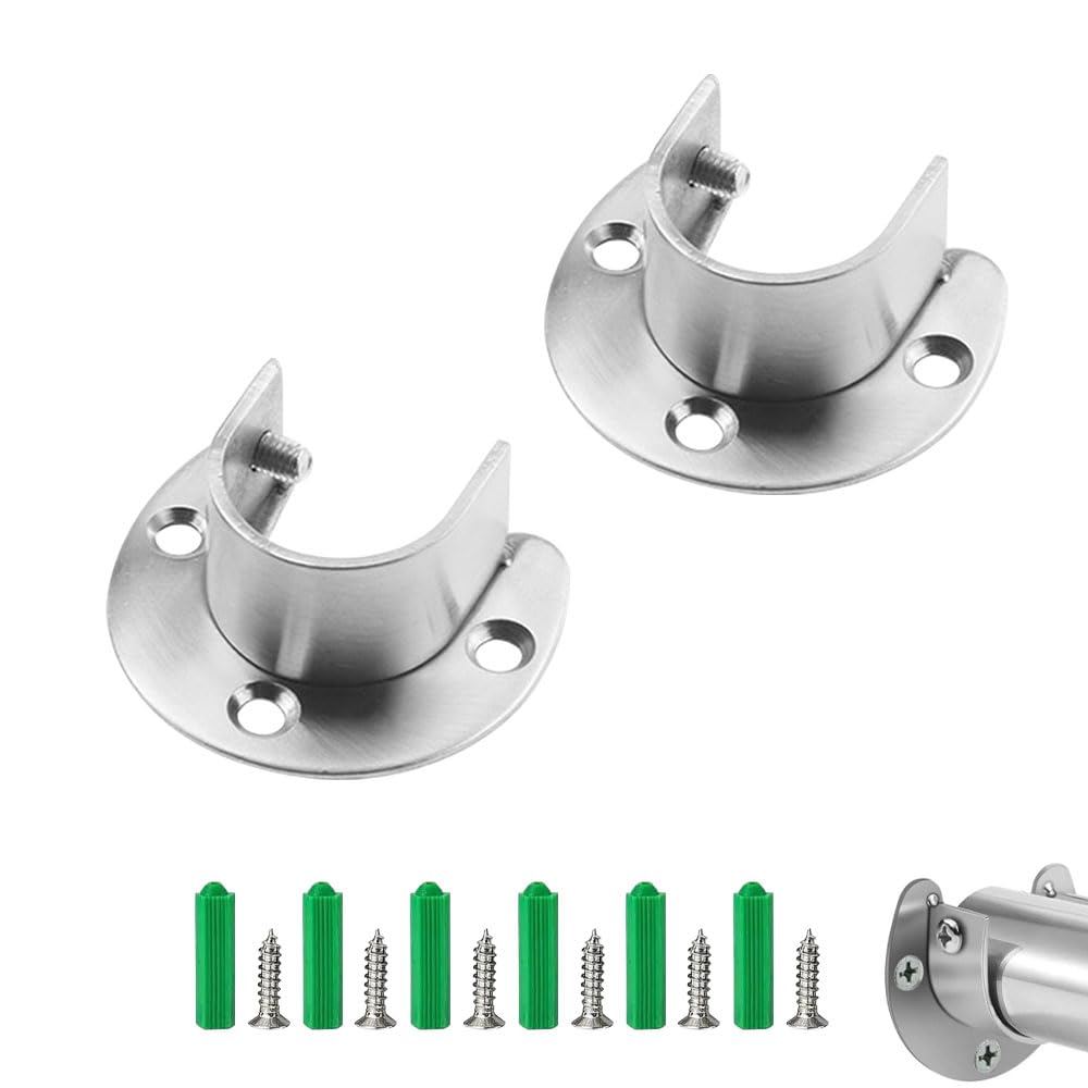 AZWOOD Flange Rod Holder, 25 mm/1 inch Stainless Steel Closet Pole Sockets 2 Pcs Heavy Duty Wardrobe Pole Brackets U Shaped Closet Rod End Supports with Screws for Wardrobe Shower Curtain