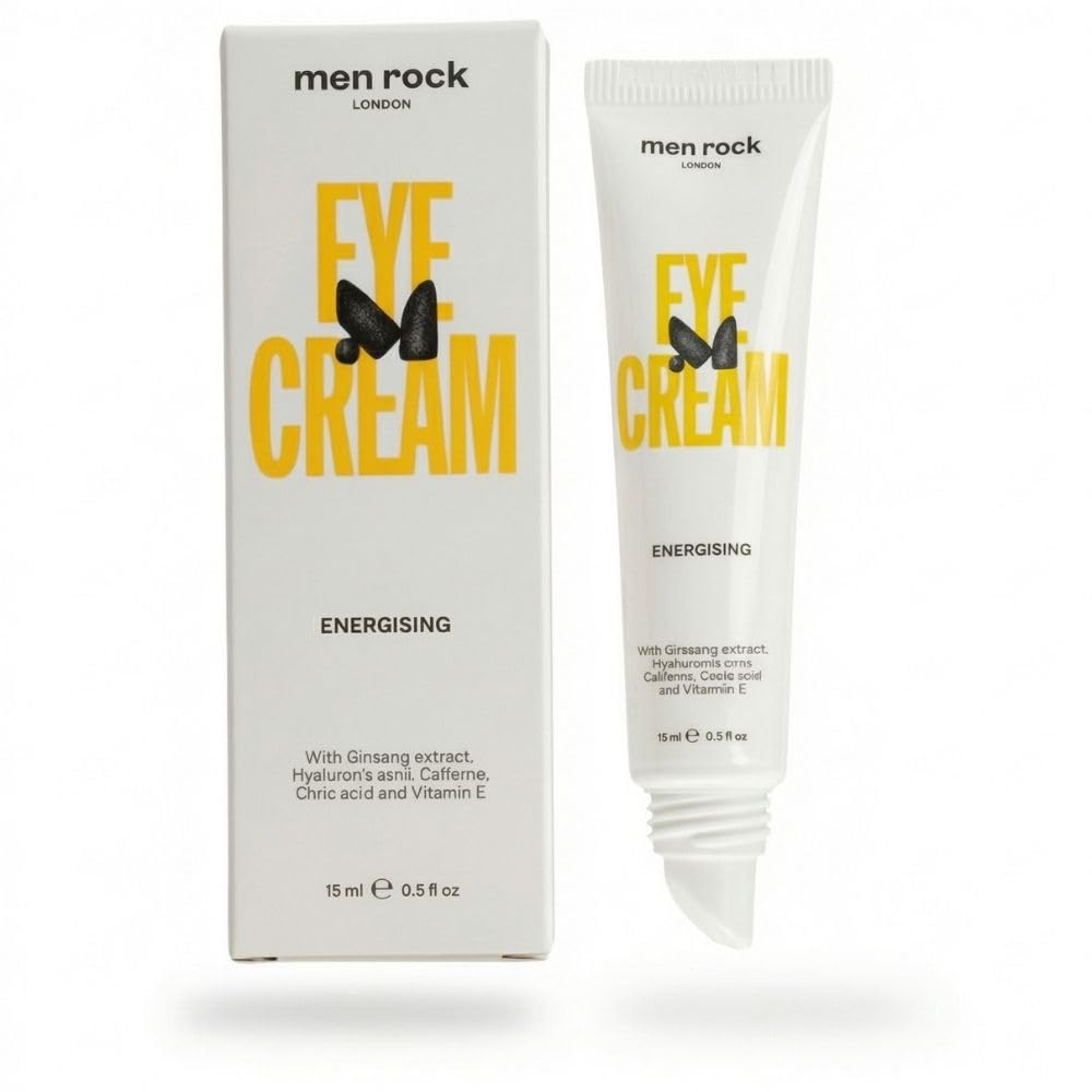 Men Rock Mens Eye Cream with Hyaluronic Acid for Dark Circles, Reduce Puffiness, Energizing Caffeine Eye Cream with Ginseng Extract, 15ml