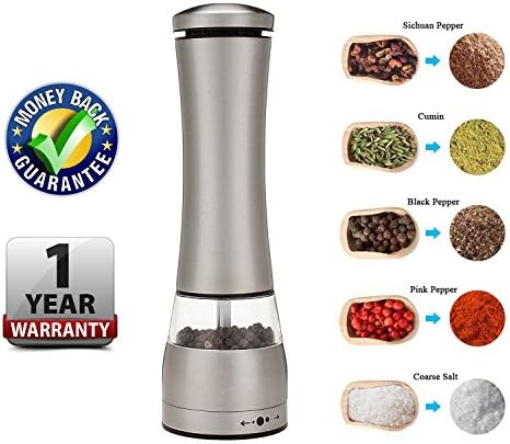Pepper and Salt Mills Kitchen Electric Spice Grinder Battery Operated Shaker Stainless Steel Grinder Adjustable Coarseness Ceramic Rotor for Cooking Camping BBQ Best Accessories
