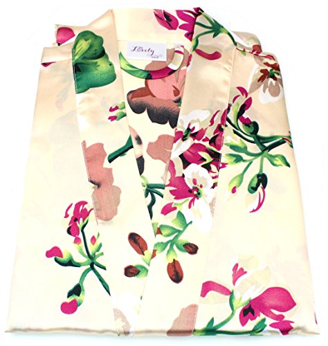 Ms Lovely Women's Floral Satin Bridesmaid Robe Short Kimono W/Pockets for Bridal Party - Champagne M/L