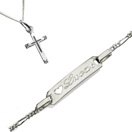 Taufset : Anhänger Kreuz mit Venezianer-Kette + Babyarmband - Taufarmband ID mit SOFORTGRAVUR + VORSCHAU: Gravur 13 - 15 cm: 