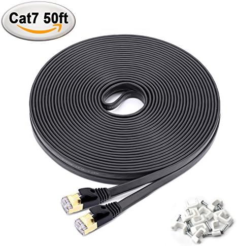 MEALINK Ethernet LAN Cable Cat7 FTP 10Gpbs Fastest Network Cable with Gold Plated RJ45 Connectors Patch Cord-50 Feet Black(15.24 Meters)+12 Cable Clips