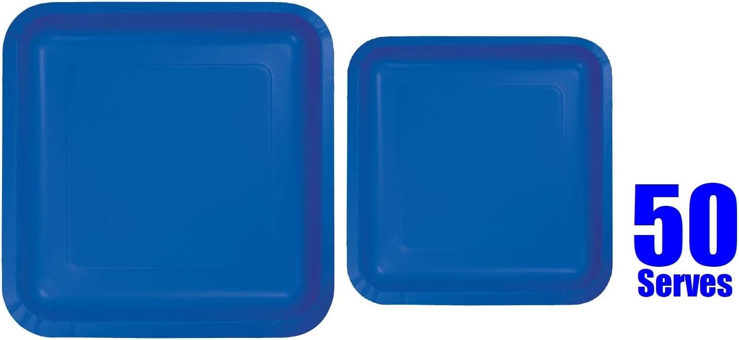 100 Count Square Blue Paper Plates | 50~9" Dinner Paper Plates | 50~7" Dessert Paper Plates Blue Party Theme