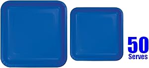 100 Count Square Blue Paper Plates | 50~9" Dinner Paper Plates | 50~7" Dessert Paper Plates Blue Party Theme