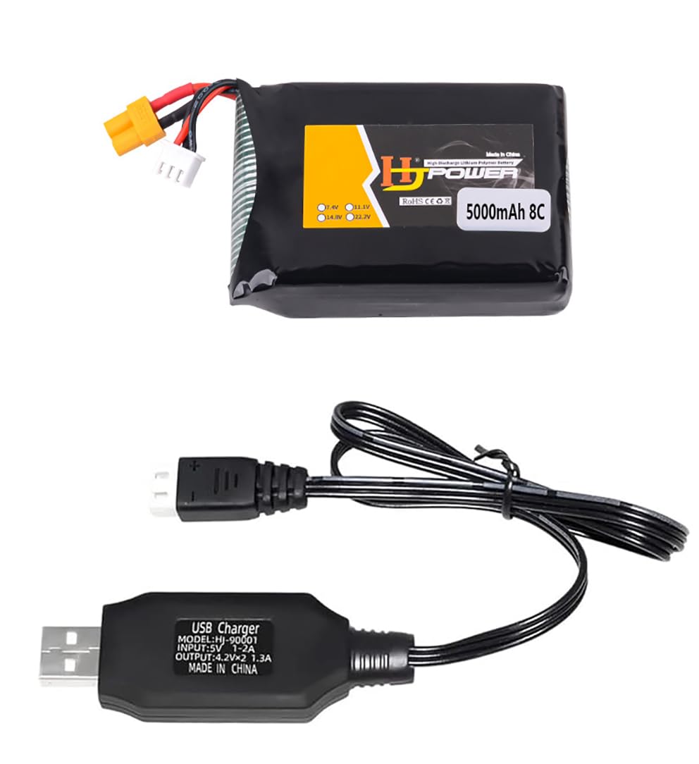 Yangers 7.4V 5000mAh 2S Lipo Battery Rechargeable Replacement Battery Pack XT30 Plug Connector with USB Charger Set for Radiomaster TX12 TX16S TX18S T18PRO Transmitter RC Toys