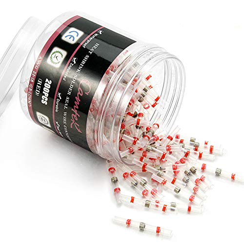 200PCS Red Solder Seal Wire Connectors 22-18 AWG, Camtek Heat Shrink Butt Connectors Terminals Electrical Wire Connectors Insulated Waterproof Marine Automotive Copper Connectors Kits