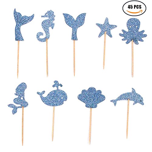 45 Pcs Ocean Sea Cake Topper Glitter Paper Wedding Bamboo Fruit Cocktail Forks Finger Food Party - Thumbnail 4