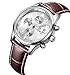 BINGER Men's Date Chronograph Watches and Luminous Numerals (silver dial brown leather strap)