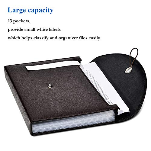 FHEAL Expanding File Folders PU Leather 13 Pockets Jackets A4 Letter Size Accordion Business File Organizer Professional Organizer Document with Tab (Brown)