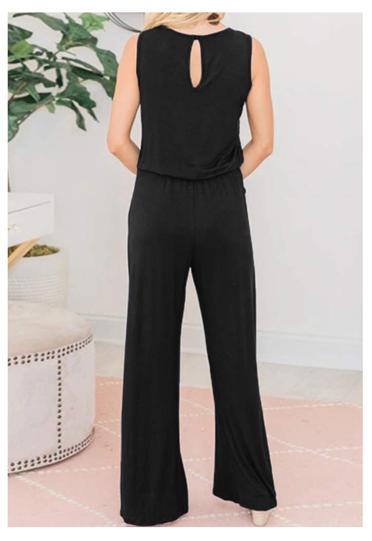 Annystore Women\'s Sleeveless Drawstring Waist Loose Wide Legs Casual Black Jumpsuits Romper with Pockets S