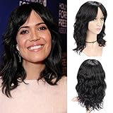 WIGNEE 100% Virgin Human Hair Natural Wave Wigs with Bangs Brazilian Human Hair Wave Wigs Natural Black Color (14 Inch)