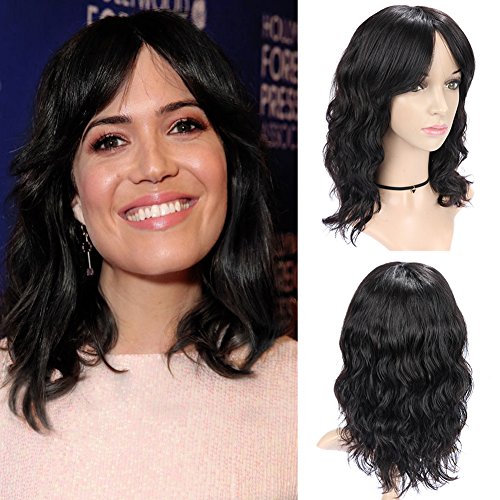 WIGNEE 100% Virgin Human Hair Natural Wave Wigs with Bangs Brazilian Human Hair Wave Wigs Natural Black Color (14 Inch)