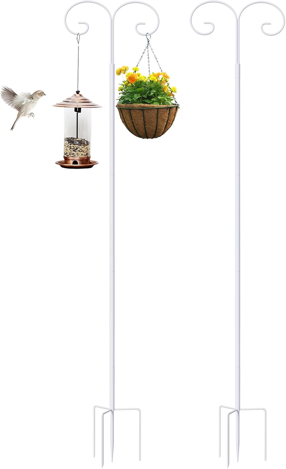 Outdoor Shepherd's Hooks - AESOME Double Shepherds Hook Outdoor: 8ft Tall Metal Stake Adjustable Pole - Pack of 2 Heavy Duty Garden Hangers for Hanging Plant Basket Flower Pot Bird Feeder Latern Light (White)