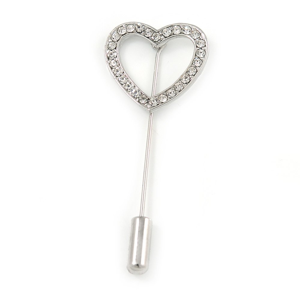 Silver Tone Clear Crystal Open Heart Lapel, Hat, Suit, Tuxedo, Collar, Scarf, Coat Stick Brooch Pin - 50mm L
