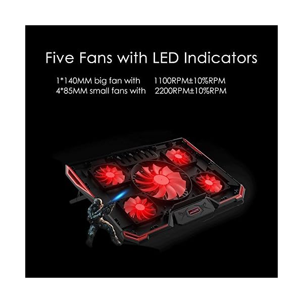 Laptop Cooling Pad 12"-17.3", Ultra Quiet Laptop Cooler Stand with 5 Fans at 2200RPM, Gaming Laptop Cooling Pad with Red LED Lights, 2 USB Ports, 7 Adjustable Height, Light Weight Cooling Stand