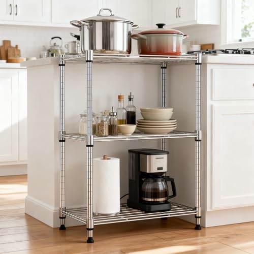 M MZG Metal Shelving Unit with 3 Levels, Load Capacity 204 kg, Adjustable Shelves for Kitchen, Bathroom, Pantry and Office, Study, Chrome, 30 x 45 x 67 cm