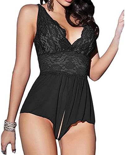 QuietClouds Women Chic Sexy Lingerie Lace See-through Babydoll Open Crotch Dress,neiyi02-black-M