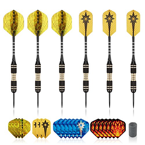 POAO Tip Pro Brass Darts Set 24g â€“ 6 Steel Tip Darts with Black Aluminium Shafts + 24 Flights + Dart Sharpener + Premium Case