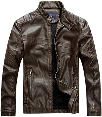 Finrosy Men's Leather Jacket Fuax Leather Motorcycle Jacket Vintage Stand Collar Coat Casual Outwear(Coffee,L)