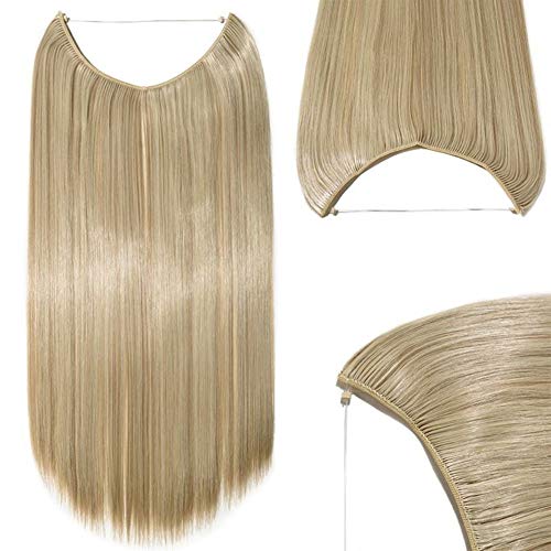 Halo Extension Hidden Wire Hairpiece - Remeehi Remy Human Hair Blonde Straight 25cm Width Secret Hair Pieces No Clip in For Women 120g/4.23oz, 22 Inches 60# Platinum Blonde