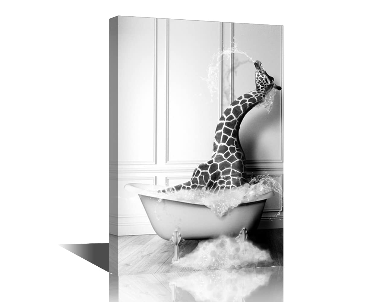 Giraffe Canvas Wall Art Animal Bathtub Wall Decor Black and White Giraffe Sitting in the Bathtub Pictures Print Modern Artwork for Living Room Bedroom Bathroom Posters Framed Ready to Hang - 18"Wx12"H