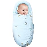Organic Cotton Soft Baby Swaddle Blankets, Unisex Baby Blanket Wrap for Newborn Baby Boys Girls, Skin Friendly Wearable Swaddling Sleep Sack Calms Startle Reflex (Button, Blue, 0-3 Months)