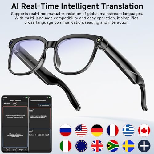 AI Smart Glasses with Camera, 4K 800W HD Video Recording Glasses with Audio, Bluetooth Sunglassess with Camera, Real-Time Translation, Voice Assistant, Object Recognition, Hands-Free Music Calls