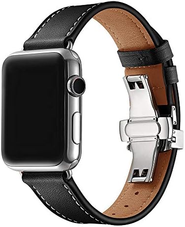 WAfeel Compatible for Iwatch Band 42MM/38,Calfskin Leather Strap Replacement Band with Metal Butterfly Buckle for IWatch Smart Watch Series 4/3 /2/1 (Black+Silver Buckle, 38mm)