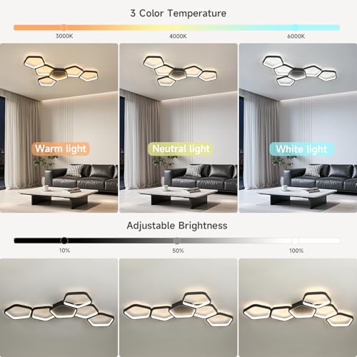 Kuwork Modern LED Ceiling Light, Living Room, 58 W, 3000 K - 6500 K, Dimmable with Remote Control and App Control, Night Light and Timer Function for Bedroom Ceiling Lamp, 90 cm, Black