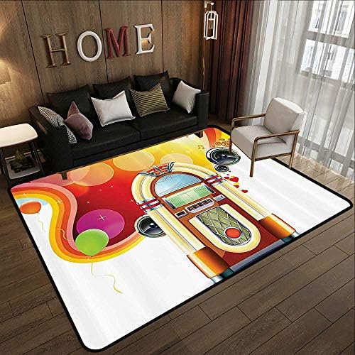 Natural Fiber Area Rug，1950s Decor Collection,Party Background with Detailed Classic Jukebox Celebration Colored Cheerful Fun Event Image,Red Y 71"x 81.5" Printed Mats for Children Bedroom