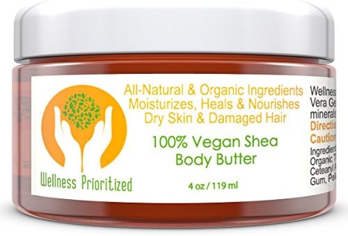 Vegan Shea Body Butter for Face Hands &amp; Body by Wellness Prioritized for Rosacea, Acne, Anti Aging, &amp; Anti Wrinkle Geranium Patchouili Natural Organic 4 oz