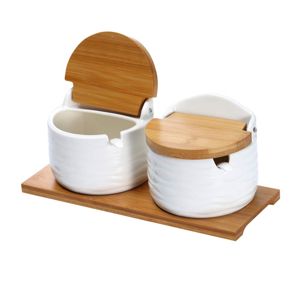 Lucky Goddness Ceramic Sugar Bowl with Lids and Spoons-Porcelain Condiment Container Spice Jar,Salt Cellar for Kitchen,with Chalkboard Labels,8.8 fl oz 260ML