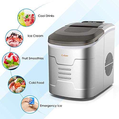 Colzer Portable Electronic Ice Maker Machine, Countertop Ice Maker,Make 9 Ice Cubes within 6-13 Minutes,33lbs Ice in 24 hours,Water Tank and Ice Scoop, Home,Kitchen,Bar,KTV (silver)