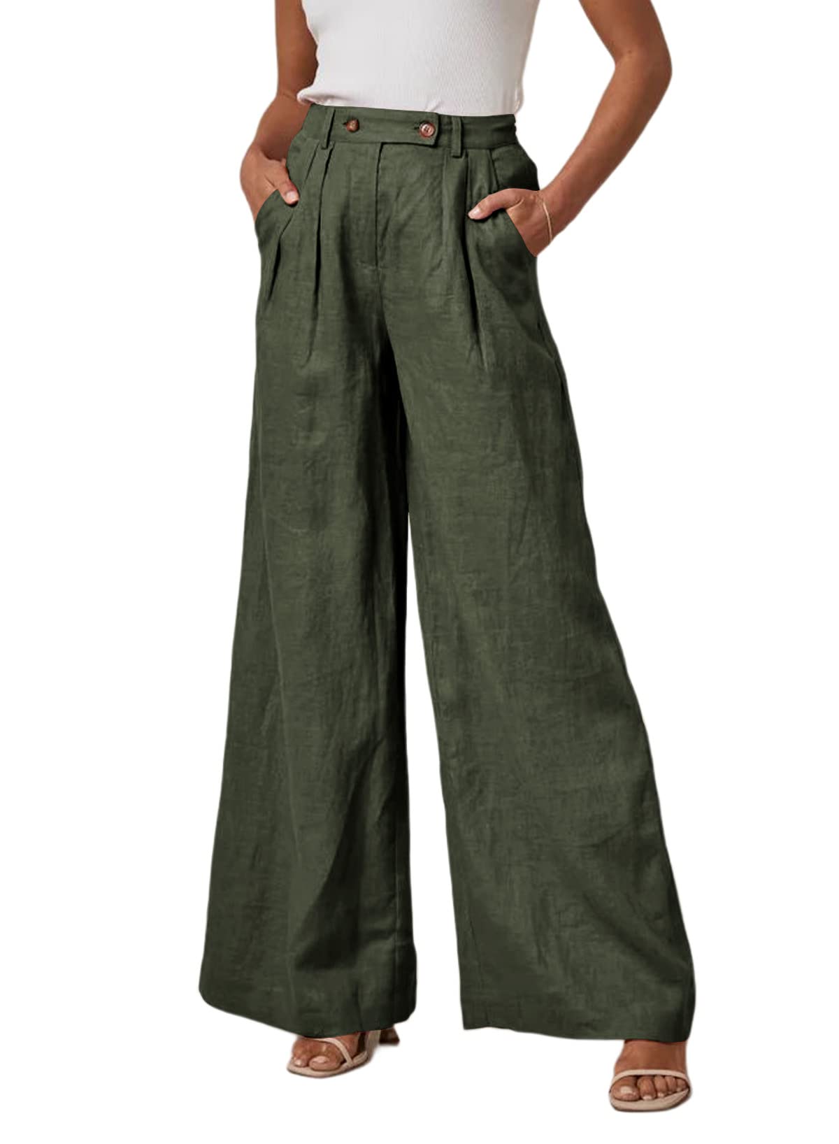 Photo 1 of EVALESS Petite Summer Green Linen Pants for Women 2024 Trendy Spring Elastic High Waisted Flowy Wide Leg Pants Woman Business Casual Work Palazzo Pants Baggy Lounge Trousers with Pockets Small