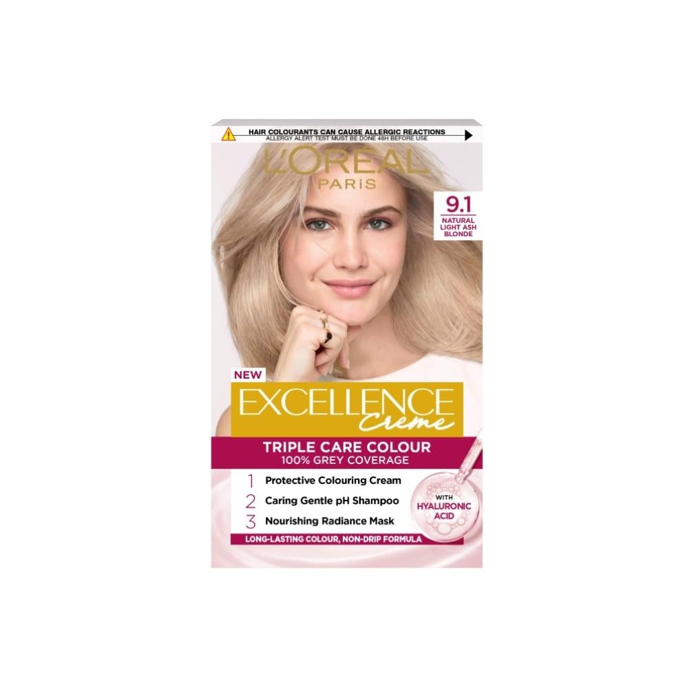 L'Oréal Paris Excellence Crème Permanent Hair Dye, Radiant At-Home Hair Colour with up to 100% Grey Coverage, Pro-Keratin, Up to 8 Weeks of Colour, Colour: 9.1 Natural Light Ash Blonde