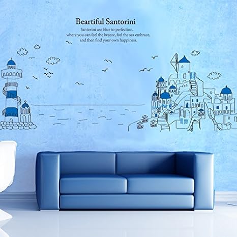 Amazon サントリーニ風光明媚な海岸ビニールウォールステッカー 簡潔 爽やか 貼ってはがせる 壁移し絵 ｄｉｙ壁紙 壁紙シール リビング 子供部屋 窓ガラス 店内の飾り トイレ お風呂 冷蔵庫 キッチン 天井 ウォールペーパー ウォールステッカー オンライン通販