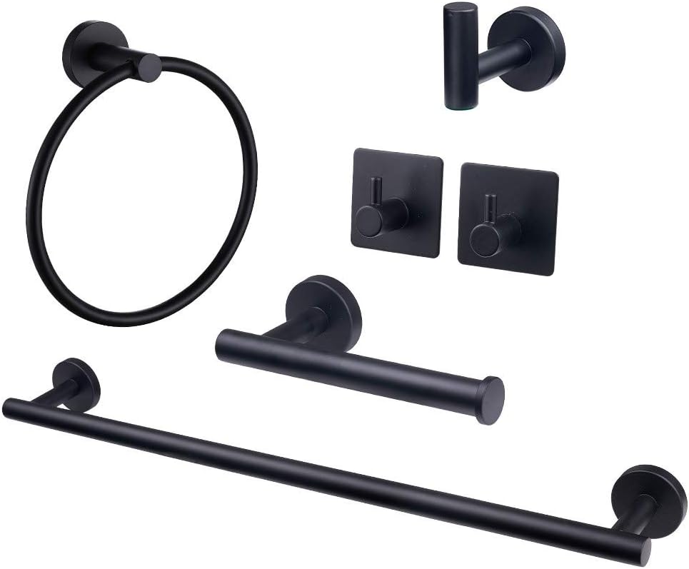 TocTen 6Piece Set Bathroom Hardware Set-304 Stainless Steel, Towel Bar Set Include Lengthen 24’’ Towel Bar+Towel Ring+Toilet Paper Holder+3 Bath Robe Towel Hook Bathroom Towel Rack Set (Matte Black): Home & Kitchen
