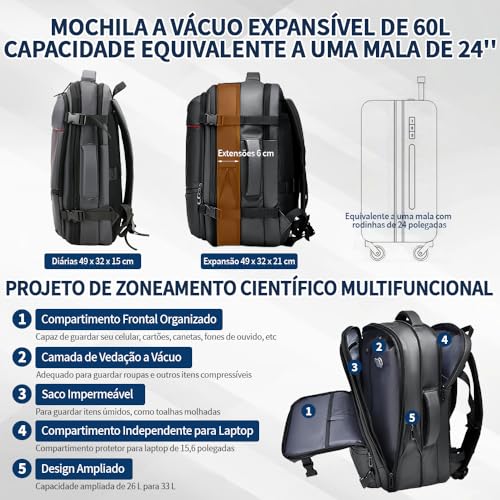 Mochila Vacuo, Mochila Vacuo com Bomba, Mochila de Viagem a Vacuo de 60 L, Preto, Tecido Resistente a Salpicos, com Compartimento Dedicado para Portátil de 15,6'' e Bolsa de Separação Seca/Molhada