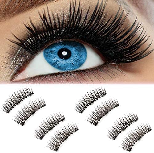 Hompie Natural Fake Magnetic Eyelashes, 3D Three Magnets Ultra Thin Soft, Glamorous, Natural Look, No Glue, Handmade Reusable False Eyelashes Fake Lashes Extension (Black) 2 Pair/8Pcs