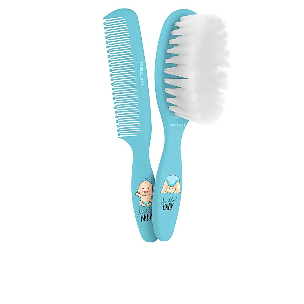 Beter Newborn Baby Comb & Brush Set - Extra-Soft Bristles, Ideal for Baby Care, 'Minicure' Kit, Blue