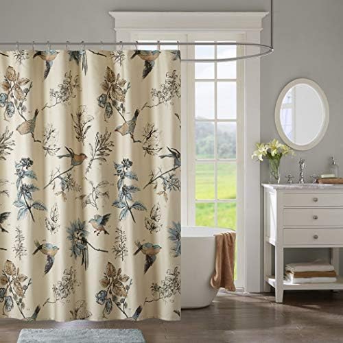 1 Piece Khaki Blue Birds Floral Pattern Shower Curtain 72"x72", Elegant Kids Animal Print Bathroom Drape Brown Nature Motif Lovely Flowers Bathtub Curtain, Bright Colors, Modern Bohemian Style, Cotton