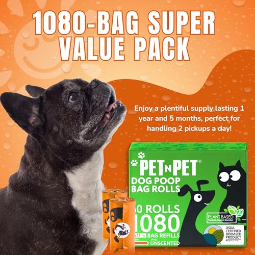 PET N PET 1080 Count Poo Bags Dogs USDA Certified 41% Plant based 72 Thick Dog Poop Bags Rolls 9x13 Leak-Proof Orange Unscented