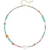 KissYan Beaded Choker Necklace for Women, Colorful Natural Gemstones Pearl Choker 14K Gold Plated Pendant Healing Crystal Necklace Handmade Stone Jewelry Gift